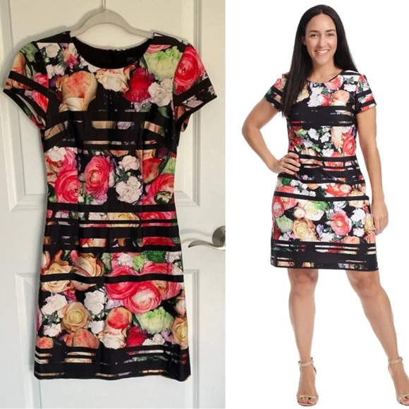 Adrianna Papell Striped Botanical Scuba A-Line Dress 29414 - Picture 1 of 16